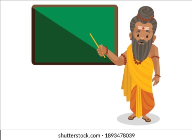 Dronacharya is holding stick and teaching on board. Vector graphic illustration. Individually on a white background.