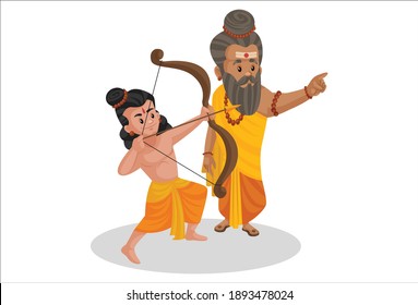 Dronacharya is teaching bow and arrow to his student. Vector graphic illustration. Individually on a white background.