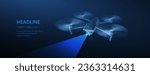 Drone. Abstract 3d drone isolated on blue. Military technology, aerial monitoring, futuristic videography, security innovation, remote video, digital tech, quadcopter concept. Polygonal illustration.