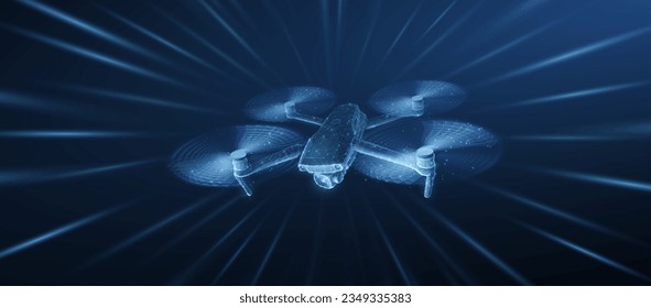 Drone. Abstract 3d drone isolated on blue. Military technology, aerial monitoring, futuristic videography, security innovation, remote video, digital tech, quadcopter concept. Polygonal illustration.