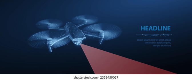 Drone. Abstract 3d drone isolated on blue. Military technology, aerial monitoring, futuristic videography, security innovation, remote video, digital tech, quadcopter concept. Polygonal illustration.