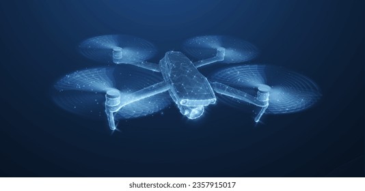 Drone. Abstract 3d drone isolated on blue. Military technology, aerial monitoring, futuristic videography, security innovation, remote video, digital tech, quadcopter concept. Polygonal illustration.