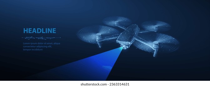 Drone. Abstract 3d drone isolated on blue. Military technology, aerial monitoring, futuristic videography, security innovation, remote video, digital tech, quadcopter concept. Polygonal illustration.