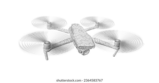 Drohne. Abstrakte 3D-Drohne einzeln auf weiß. Militärische Technologie, Luftüberwachung, futuristische Videografie, Sicherheitsinnovation, Remote-Video, digitale Technik, Quadcopter-Konzept. Polygonale Illustration.