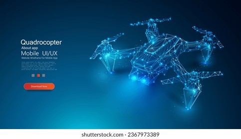 Drone. Abstract 3d drone isolated on blue. Polygonal low poly background with connecting dots and lines. Technology, and innovations. 3d graphic vector illustration isolated on blue background