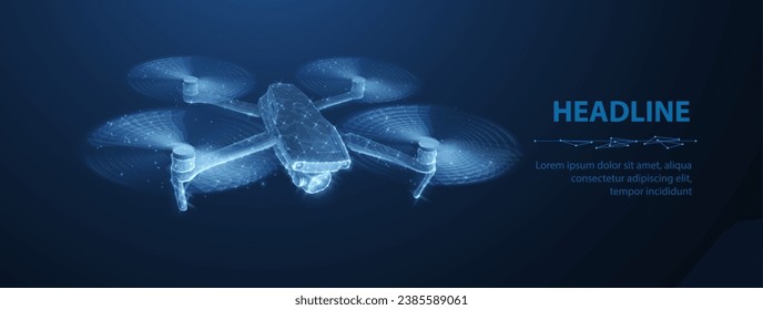 Drone. Abstract 3d drone isolated on blue. Military technology, aerial monitoring, futuristic videography, security innovation, remote video, digital tech, quadcopter concept. Polygonal illustration.