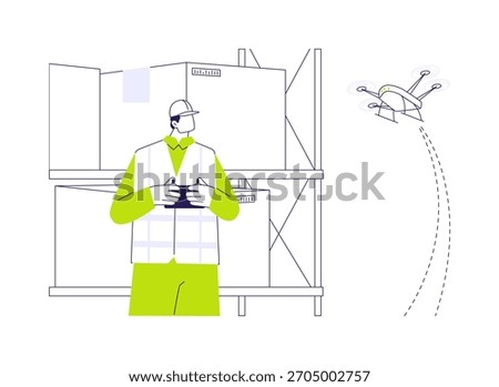 Drone abstract concept vector illustration. Guided aerial vehicle at factory, wholesale and warehousing business, foreign trade, automated guided drone vehicle in stock abstract metaphor.