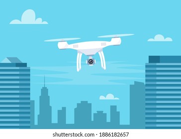 Drone con cámara de acción. Video aéreo y fotografía. Quadrocopter con cámara sobre la ciudad. Ilustración vectorial para banner