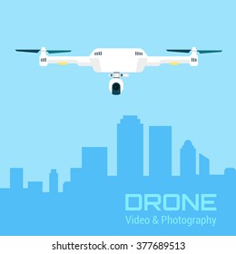Drone with action Camera. Air Video and Photography - vector illustration in flat style. Flying quadrocopter with camera over the city.
