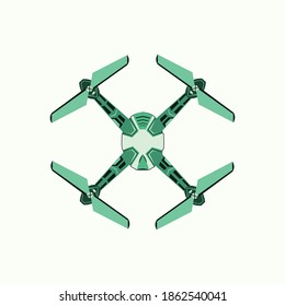 Drone with action Camera Flat Design of a Quadcopter in Green Color vector illustration