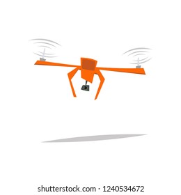 Drone with action camera. Quadcopter flying. Flat vector illustration isolated on white background.