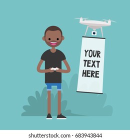 Drone advertising technology. Your text here. Young black character controlling a drone with a remote controller / flat editable vector illustration, clip art