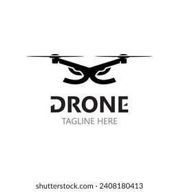 Aviso de drones con icono de plantilla de vector de cámara. logo fotográfico vector drone. ilustración de estilo plano cuadácopto