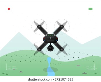 Un dron está en el aire sobre un paisaje verde con un río y montañas distantes. El dron recoge datos mientras vuela a una altura de 120 metros.