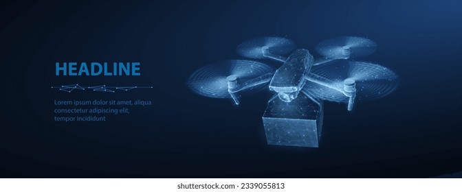 Drone for air delivery. Abstract 3d drone with box. Innovate deliver technology, aerial transport, futuristic service, industry innovation, remote distribution, digital tech, quadcopter concept.