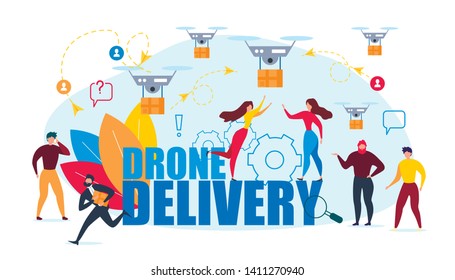 Drone Air Delivery. Cartoon People Recieve Cardboard Box Vector Illustration. Internet Shopping, Online Store Express Shipping Service. Multicopter Device Fast Transportation. Flying Quadcopter