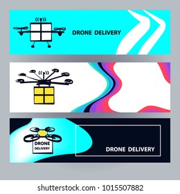 Drone air delivery.  Concept convenience and fast transportation. Design modern technology.  Template banner with drone carrying a package. Sketch vector illustration. 