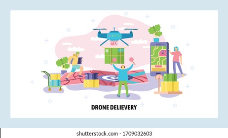 Drone air delivery concept. Drone with package landing on a map, courier fast shipping. Vector web site design template. Landing page website illustration.