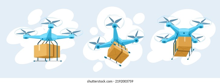 Drone for air delivery. Delivery flying robot drones, express robot shipment concept. Modern technologies in cargo transportation. Cartoon vector illustration.