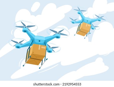 Drone for air delivery. Delivery flying robot drones, express robot shipment concept. Modern technologies in cargo transportation. Cartoon vector illustration.