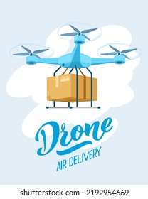 Drone for air delivery. Delivery flying robot drones, express robot shipment concept. Modern technologies in cargo transportation. Cartoon vector illustration.