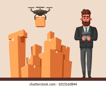 Drone for air delivery. Modern technologies. Cartoon vector illustration