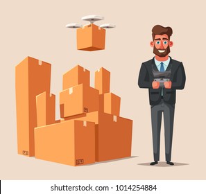 Drone for air delivery. Modern technologies. Cartoon vector illustration