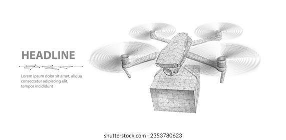 Avión no tripulado para el transporte aéreo. Drone poligonal 3d con caja. Innovar para ofrecer tecnología, transporte aéreo, servicio futurista, innovación industrial, distribución remota, tecnología digital, concepto de cuádruple.