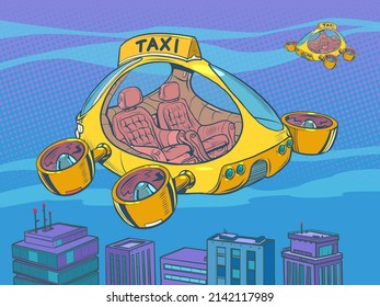 Taxi aéreo de drones, transporte piloto automático. Helicóptero del futuro. Ilustración de vectores retro de arte pop estilo kitsch vintage de los años 50