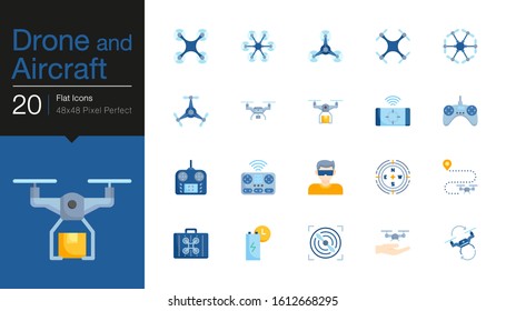 Drone, Aircraft and Aerial icons. Flat icon design. For presentation, graphic design, mobile application, web design, infographics, UI. Vector illustration.
