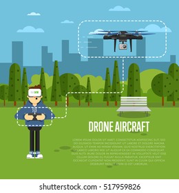 Drone aircraft website template with boy in virtual reality headset operating flying robot in park vector illustration. Remotely controlled multicopter. Unmanned aerial vehicle. Modern flying device.