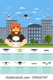 Drone aircraft website template with man operating flying robot in city vector illustration. Remotely controlled multicopter. Unmanned aerial vehicle. Piloted copter drone. Modern flying device.