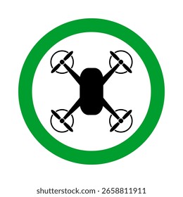 drone allowed, quadrocopter in green circle pictogram, flying free zone round vector icon