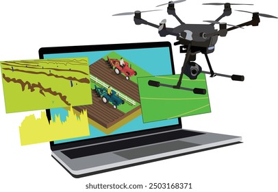 Drone application in laptop isolated on white. Aerial technology for mapping and drone spray for agriculture