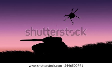 Drone attacks a tank, flat color illustration