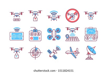 Drone automatic unmanned control color line icons set. Aircraft devices concept. Delivery service. Remote controller, military drone, satellite, radar. Sign for web page, mobile app,  social media.