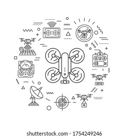 Drone automatic unmanned control web banner. Aircraft devices. Infographics with linear icons on white background. Creative idea concept.