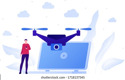 Drone aviation and unmanned flying camera concept. Vector flat person illustration. Robot photographer with man controller hold smartphone. Laptop computer sign. Design for banner, infographic.