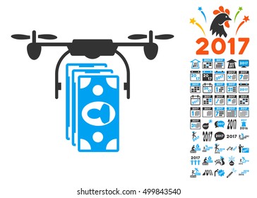 Drone Banknotes Payment icon with bonus 2017 new year images. Vector illustration style is flat iconic symbols, blue and gray colors, white background.