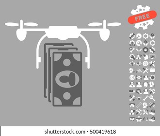 Drone Banknotes Payment icon with bonus service images. Vector illustration style is flat iconic symbols, dark gray and white colors, silver background.