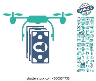 Drone Banknotes Payment icon with bonus calendar and time management icon set. Vector illustration style is flat iconic symbols, cobalt and cyan colors, white background.