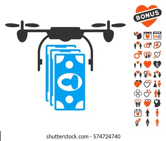 Drone Banknotes Payment icon with bonus passion pictograms. Vector illustration style is flat iconic elements for web design, app user interfaces.