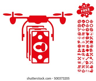 Drone Banknotes Payment pictograph with bonus setup tools symbols. Vector illustration style is flat iconic symbols, red color, white background.