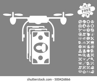 Drone Banknotes Payment pictograph with bonus tools pictures. Vector illustration style is flat iconic symbols, white color, gray background.
