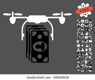 Drone Banknotes Payment pictograph with bonus options pictures. Vector illustration style is flat iconic symbols, black and white colors, gray background.