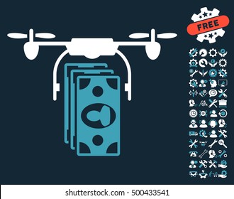 Drone Banknotes Payment pictograph with bonus settings clip art. Vector illustration style is flat iconic symbols, blue and white colors, dark blue background.