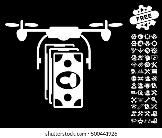 Drone Banknotes Payment pictograph with bonus tools symbols. Vector illustration style is flat iconic symbols, white color, black background.