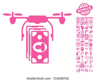 Drone Banknotes Payment pictograph with bonus calendar and time management pictures. Vector illustration style is flat iconic symbols, pink color, white background.