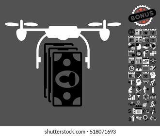 Drone Banknotes Payment pictograph with bonus calendar and time management graphic icons. Vector illustration style is flat iconic symbols, black and white colors, gray background.
