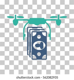 Drone Banknotes Payment vector pictogram. Illustration style is flat iconic bicolor cobalt and cyan symbol on a transparent background.
